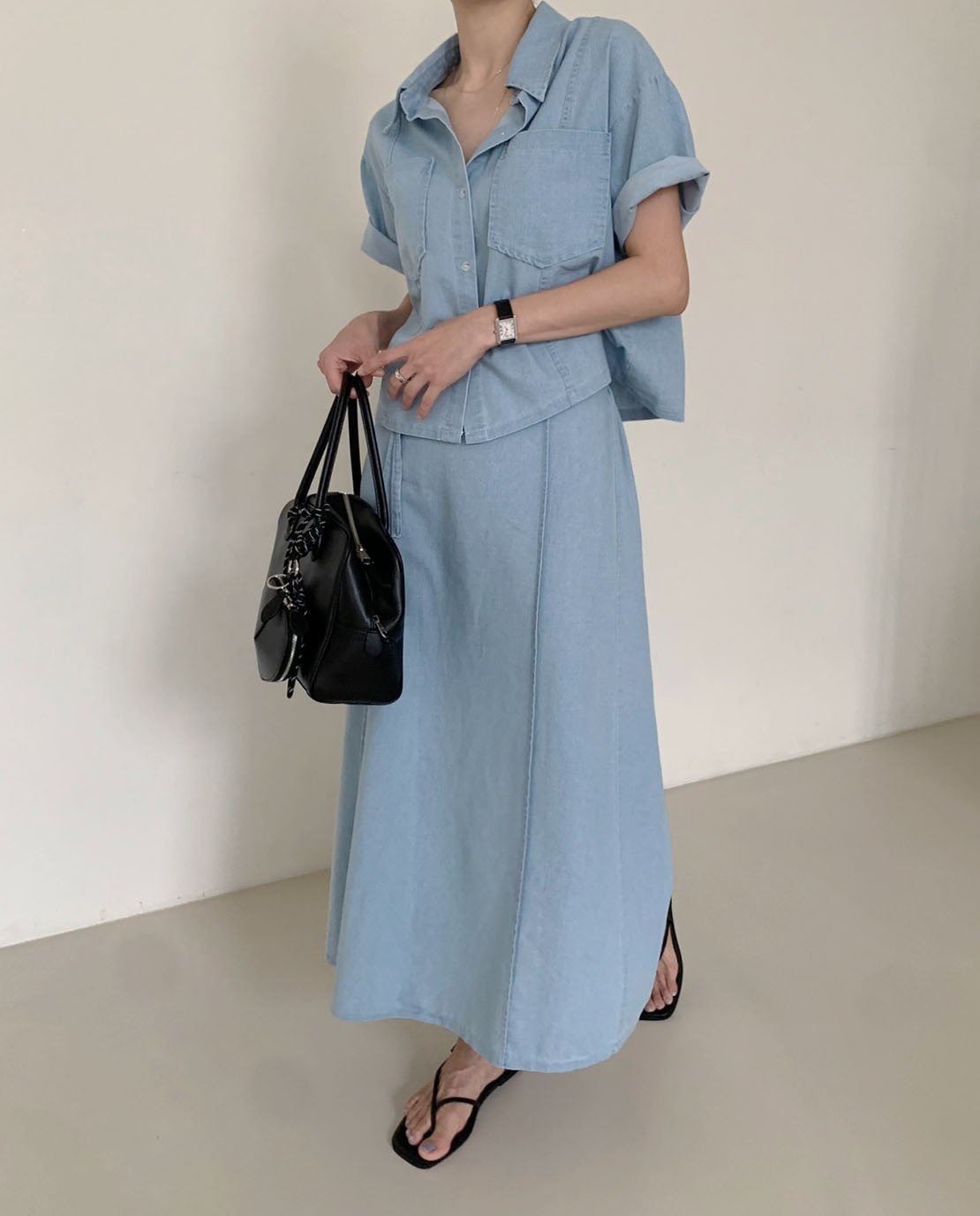 Short Sleeve Denim Shirt & Back-Band Denim Skirt set