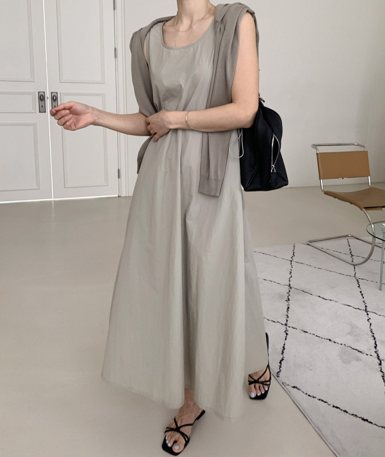 Crisp Texture Long Dress & Matching Cardigan set
