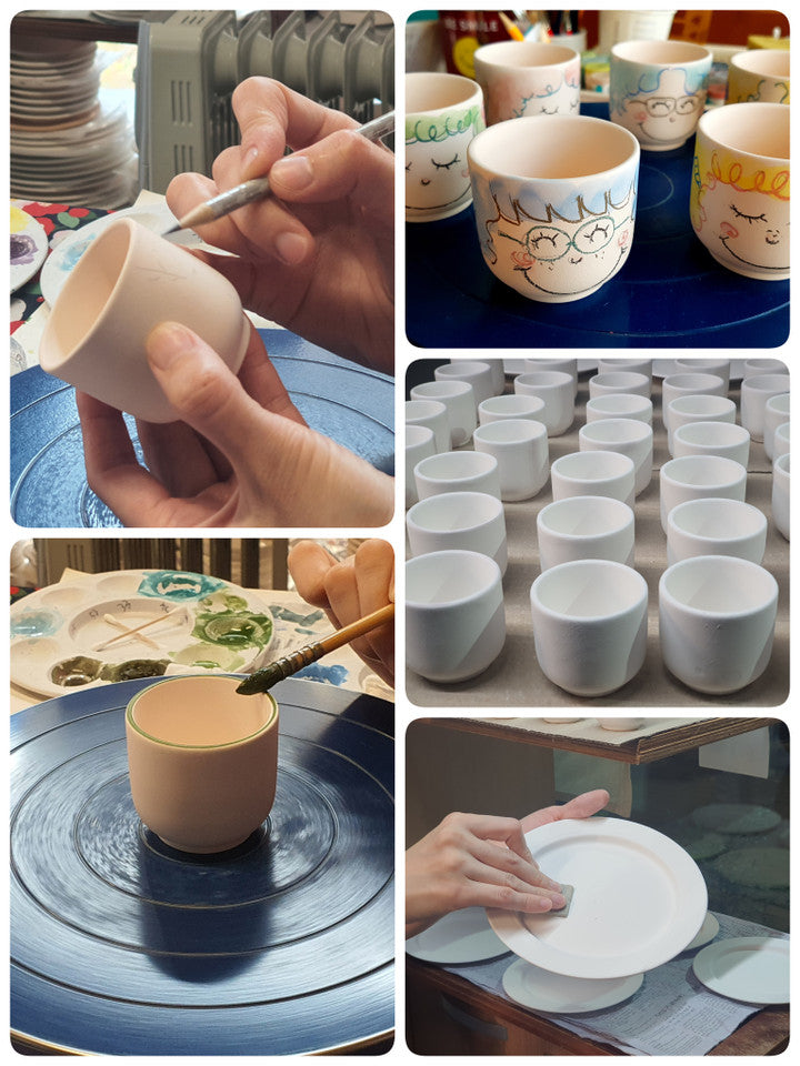 [Handmade Korean Ceramics] Crumpled Silhouette Blue Line Mug Set