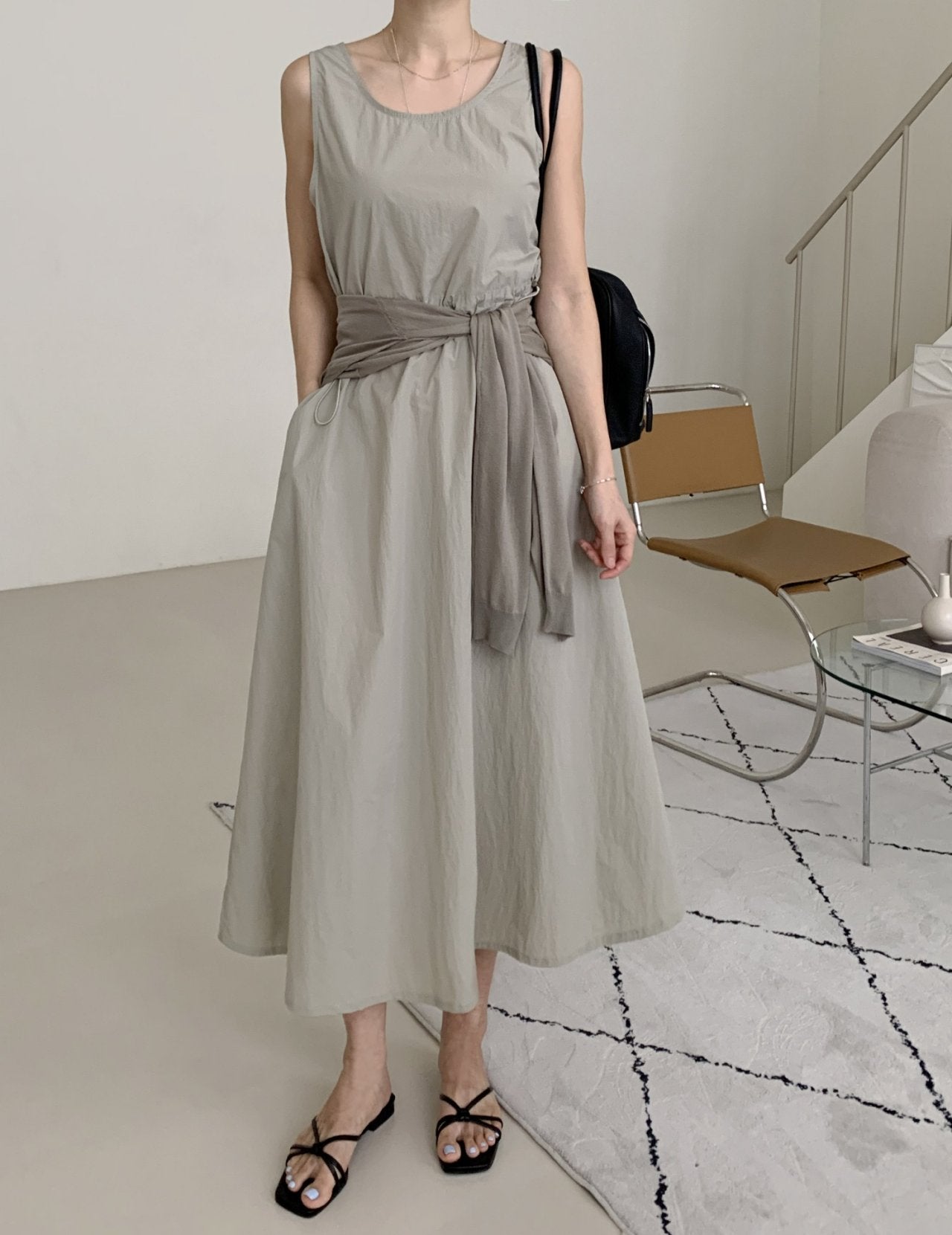 Crisp Texture Long Dress & Matching Cardigan set